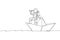 One single line drawing young astronaut look at forward using telescope while standing on paper boat in sea ocean graphic vector