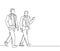 One single line drawing of young businessmen walking together colleague on city street discussing work to go to the office. Urban