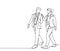 One single line drawing of young couple male and female employees discussing new strategy plan to write annual report. Urban