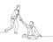 One single line drawing of young energetic businessman helps pull his colleague who falls into the hole to go out. Business