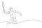 One single line drawing of young energetic male tennis player hit the ball from opponent vector illustration. Sport training