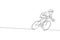 One single line drawing young energetic man bicycle racer focus training his speed vector graphic illustration. Racing cyclist