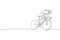 One single line drawing young energetic woman bicycle racer focus train her speed vector graphic illustration. Racing cyclist