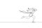 One single line drawing of young energetic woman runner crosses finish line and break the tap vector illustration. Healthy sport