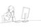 One single line drawing of young female customer service care listening pensively call from client sitting in front of computer