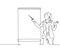 One single line drawing of young female presenter pointing the finger to screen with marker. Business presentation at the office