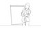 One single line drawing of young female presenter thinking while doing presentation at the office during meeting