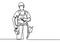 One single line drawing of young handyman wearing helmet while holding drill machine. Handsome handyman using drill machine to