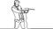 One single line drawing of young handyman wearing helmet while holding drill machine. Handsome handyman using drill machine to