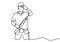 One single line drawing of young handyman wearing helmet while holding spirit level. Craftsman home repair service concept.