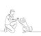 One single line drawing of young happy boy giving high five gesture to his puppy dog at outfield park. Pet care and friendship