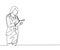 One single line drawing of young happy female business manager holding clipboard and write to do list paper. Job desk checklist