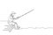 One single line drawing young happy fisher man siting on wooden pier and fishing peacefully vector graphic illustration. Holiday
