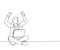 One single line drawing of young happy male manager sitting on floor and clenched fist raise in the air while on a laptop. Success