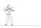 One single line drawing of young happy male violinist performing to play violin on music concert. Musician artist performance