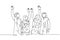 One single line drawing of young happy muslim business people raise their hands. Saudi Arabian businessmen with shmag, kandora,