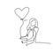 One single line drawing of young happy woman take a walk and holding a heart shaped balloon. Symbol of the feeling of being in