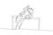 One single line drawing of young horse rider man performing dressage jumping the barrier test vector illustration graphic.