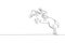 One single line drawing of young horse rider man performing dressage jumping test vector graphic illustration. Equestrian sport