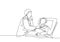 One single line drawing of young male doctor examining patient health condition and checking his pulse rate. Medical health care