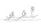 One single line drawing of young male team member take a boat heading to an island while the leader navigate them using binocular