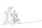 One single line drawing of young mother teaching her son riding bicycle at public park vector graphic illustration. Motherhood