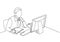 One single line drawing of young pensive businessman sitting and watching computer screen to analyze data company. Business