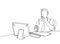 One single line drawing of young pensive businessman sitting and watching computer screen to analyze data company. Business