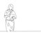 One single line drawing of young pensive female manager standing and thinking business strategy to company. Sales marketing