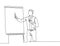 One single line drawing of young presenter explaining business strategy during team meeting. Effective training presentation for