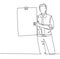 One single line drawing of young presenter holding big screen board to introduce new product of company. New product launch