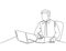 One single line drawing of young serious businessman staring at laptop and writing business notes to the team member at office.