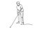 One single line drawing of young sporty golf player hit the ball using golf club vector illustration. Hobby sport concept. Good