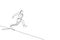 One single line drawing of young sporty man exercise running before long jump into sand pool vector illustration. Healthy athletic