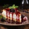 One single piece of homemade tasty cheesecake cake with sauce on plate, dark wooden table background