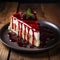 One single piece of homemade tasty cheesecake cake with sauce on plate, dark wooden table background