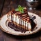 One single piece of homemade tasty cheesecake cake with sauce on plate, dark wooden table background