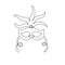 One single unbroken continuous line carnival mask with feathers for Mardi Gras, theatre theme