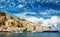 One small and pretty island Simi with his colourful buildings, near Rhodes, Greece. Great view on the from the ferry.