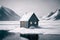 One solitary wooden house among the snow in mountains