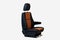 One sport seat of van with armrest with black and brown leather trim, located on the white isolated in the workshop for repair and