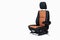 One sport seat of van with armrest with black and brown leather trim, located on the white isolated in the workshop for repair and
