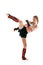 One sportive teen-girl, professional MMA fighter in action, motion isolated on white background. Concept of sport