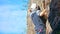 One sportsman mountain climbing. Physical activity in the countryside. Risky sports. Mountain climb or climbing with safety