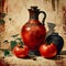 In one such painting, a bottle of tomato juice is portrayed with ornate patterns encasing the vessel.