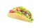 One taco shell with lettuce, ground beef meat,  mashed avocado, tomato, red onion and jalapeno pepper, isolated on white