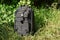 One tactical black backpack stands in the green grass