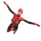 One tall woman in red black super suit. Flying to camera with open hands