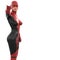 One tall woman in red black super suit. She points at camera with right hand