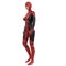 One tall woman in red black super suit. Woman stands sideways to camera. Looking to side